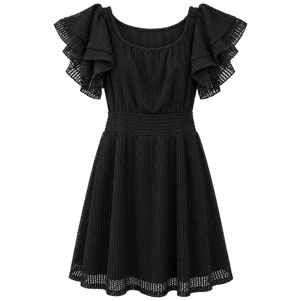 Black Textured Fit-and-Flare Dress With Layered Flutter Sleeves